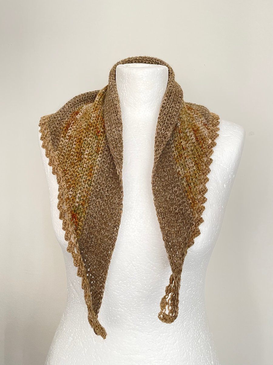 Crochet triangle scarf made with naturally dyed wool