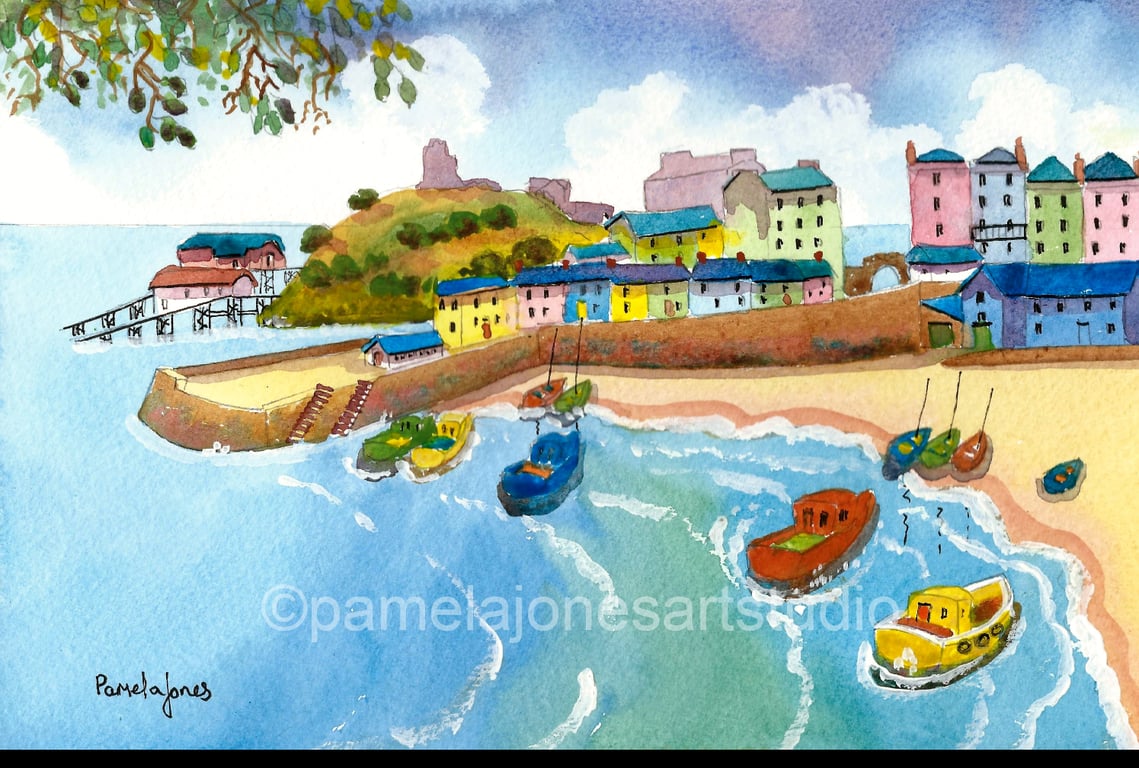 Tenby Harbour, Pembrokeshire, Watercolour Print, in 9 x 7 '' Mount