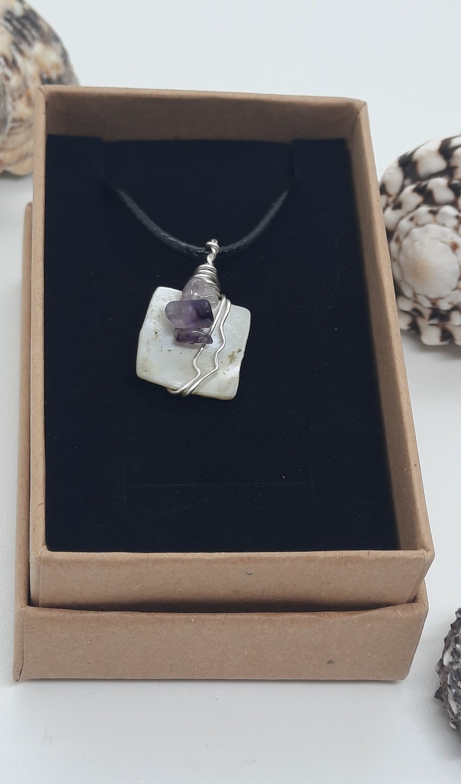 Shell Amethyst Wire Wrapped Pendant Necklace (E1.3)