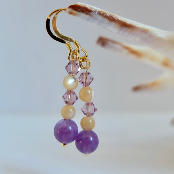 Amethyst, Mother Of Pearl and Swarovski Crystal Earrings - Handmade In Devon.