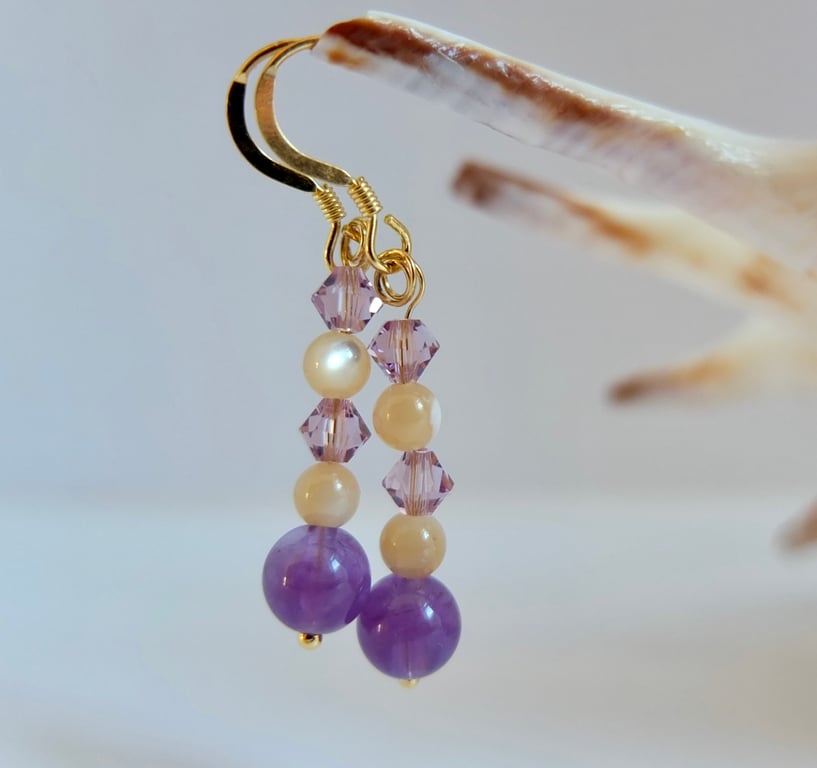 Amethyst, Mother Of Pearl and Swarovski Crystal Earrings - Handmade In Devon.