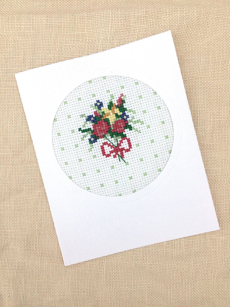 Floral Bouquet Thank You. Birthday. Get Well Soon. Miss you Cross Stitch Card