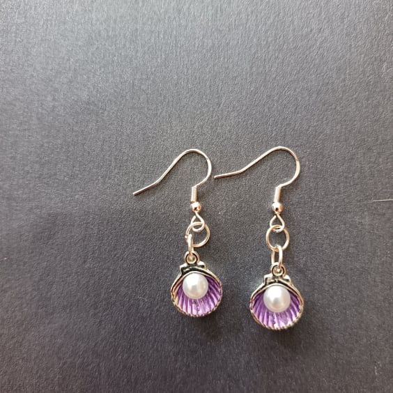 Purple and silver pearl shell dangle earrings 
