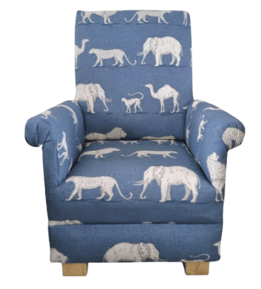 Kids Prairie Animals Chair Denim Blue Children's Armchair Safari Jungle Lions 