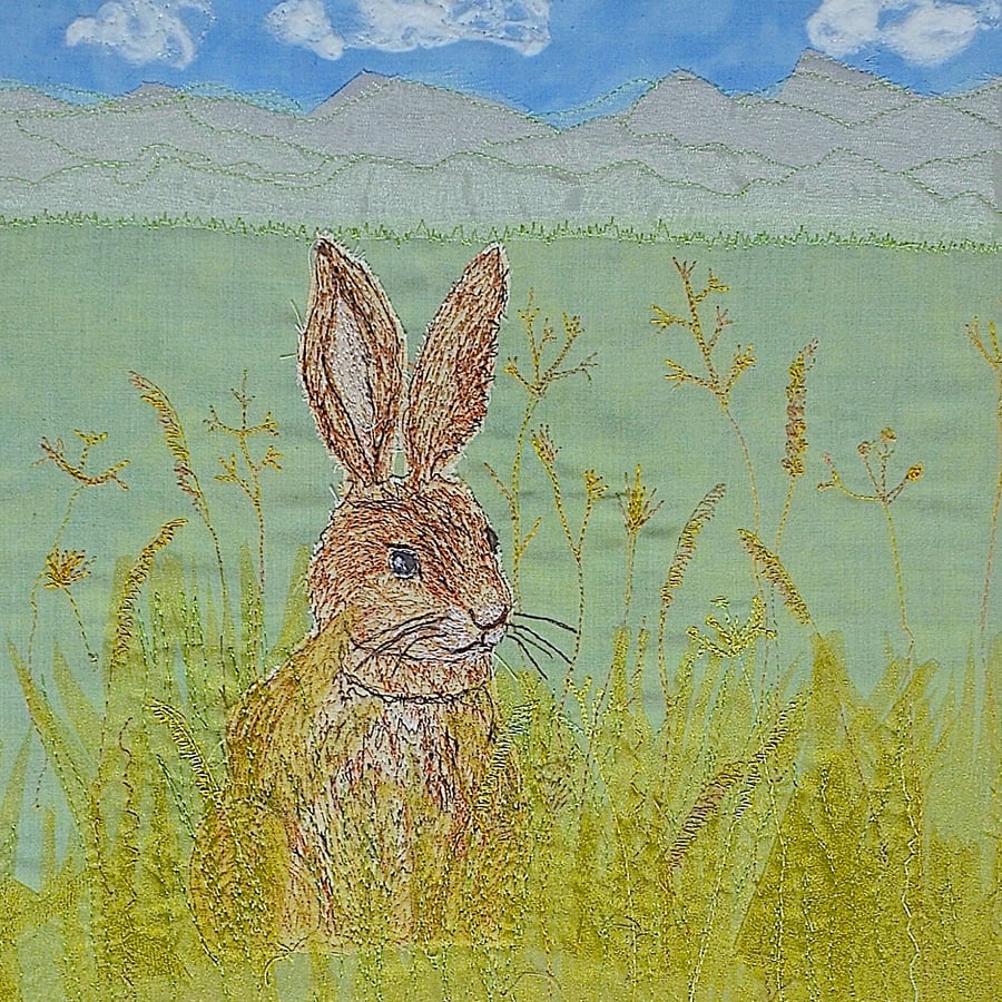 Textile art - hare in grass animal picture handmade original