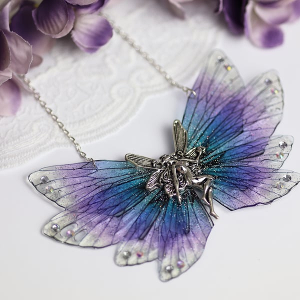 Fairy Wing Charm Necklace Purple Blue Fairycore Cottagecore Boho Fairy Gift