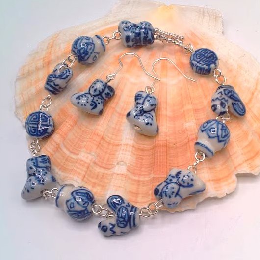 Bracelet and Earring Set Made with White Ceramic Beads with Blue Pattern