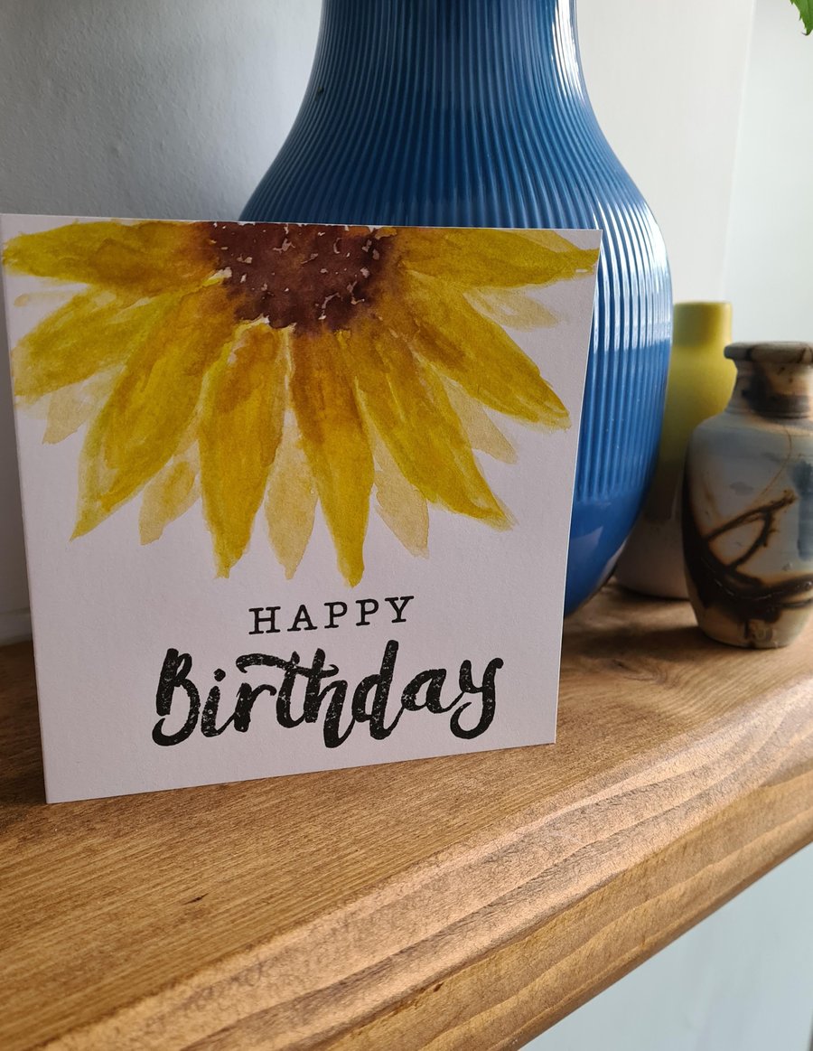 Watercolour yellow sunflower birthday card handpainted