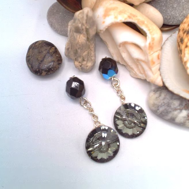 Round Silver Night Crystal Button Cuff Links, Gift for Him, Crystal Cuff Links