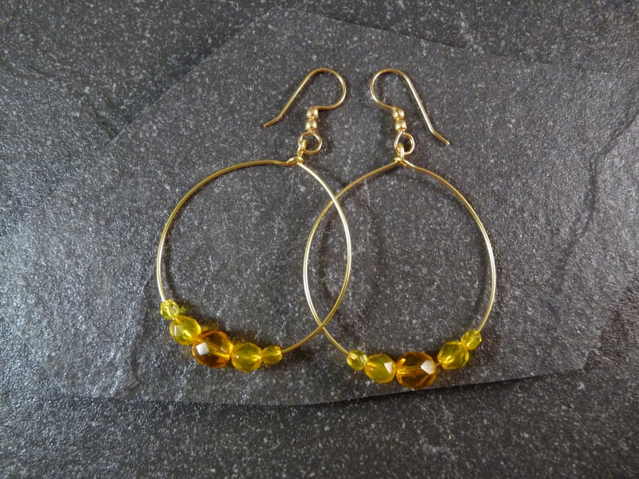 Large Round Hoop Earrings - Sunshine Yellow Faceted Glass - 40mm - Gold Colour