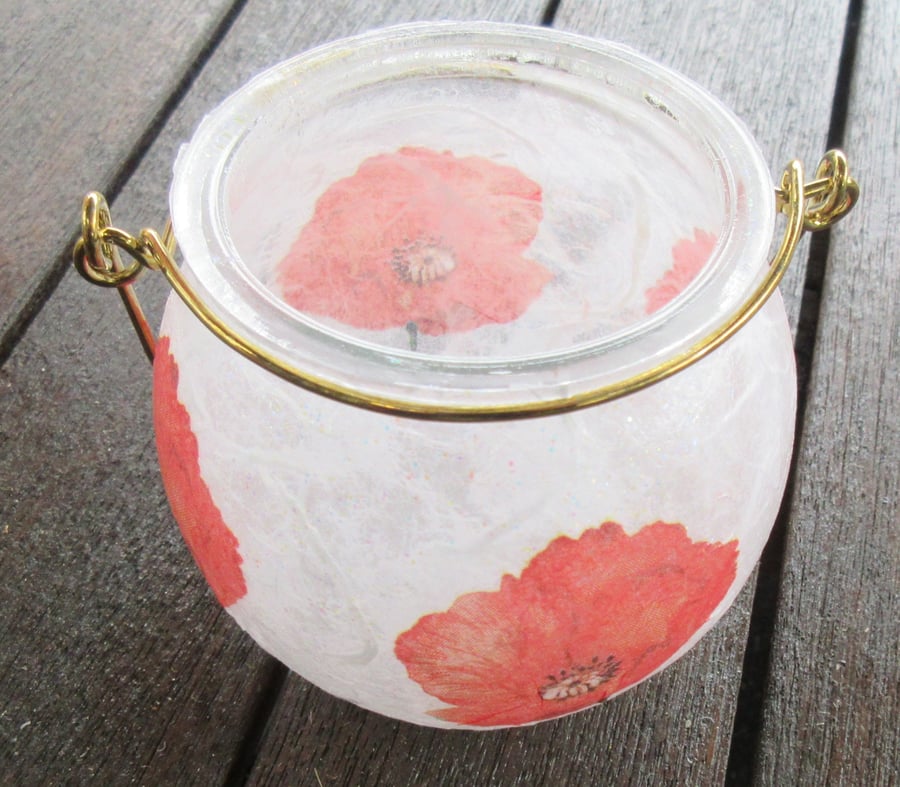 Cauldron shaped tea light holder decoupaged with Poppies