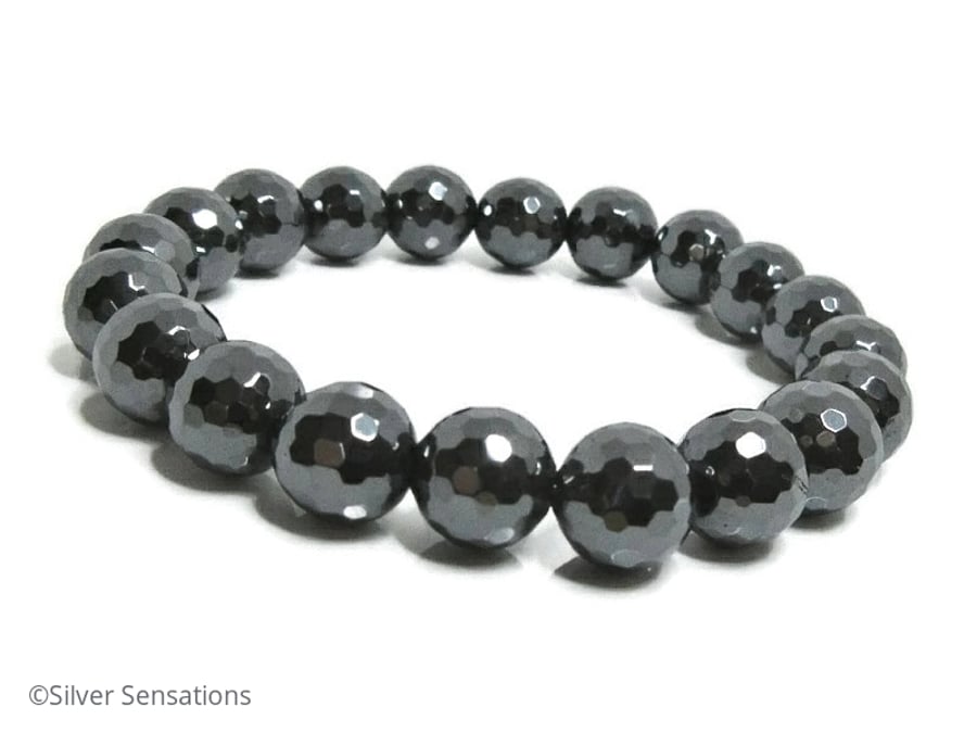 Grey Black Hematite Faceted Round Beads Chunky Unisex Fashion Bracelet