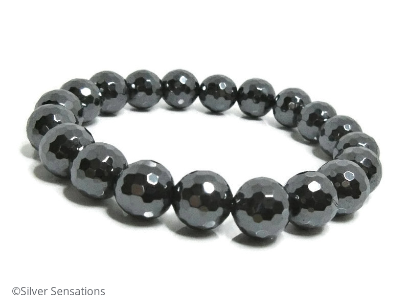 Grey Black Hematite Faceted Round Beads Chunky Unisex Fashion Bracelet