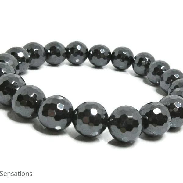 Grey Black Hematite Faceted Round Beads Chunky Unisex Fashion Bracelet