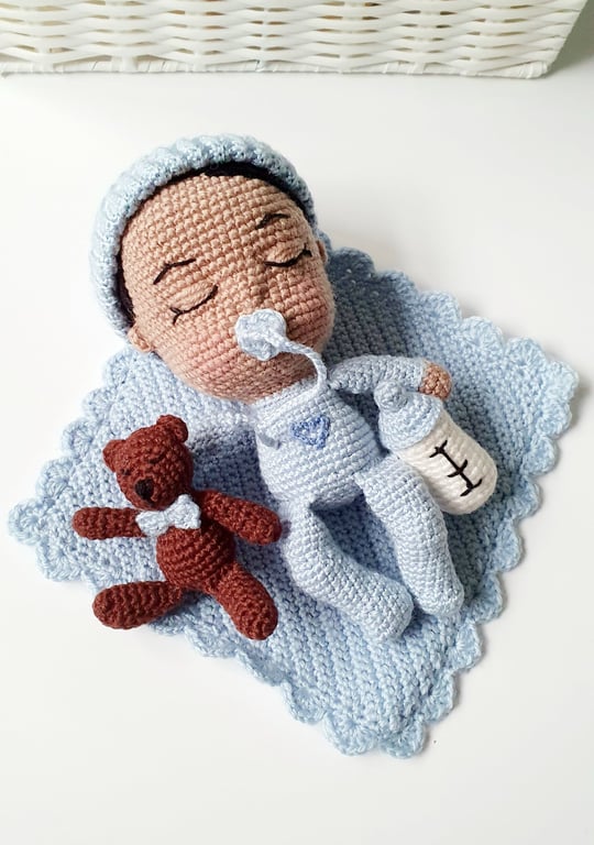 Handmade Heirloom Crocheted Amigurumi Baby Boy Doll Toy with Accessories