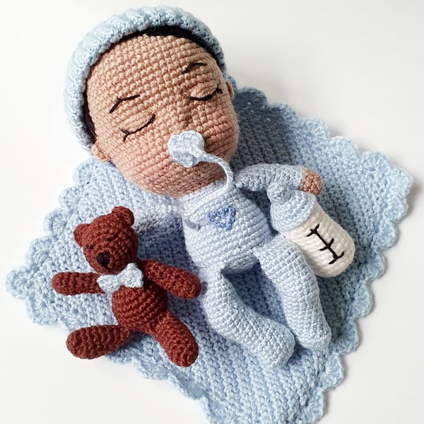 Handmade Heirloom Crocheted Amigurumi Baby Boy Doll Toy with Accessories