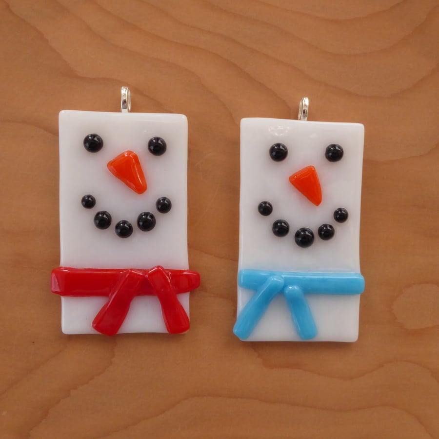 Snowman Christmas Decorations, Fused glass, set of two 