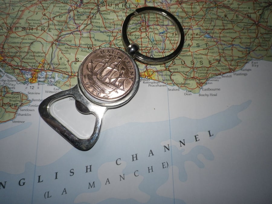   Sailing Ship halfpenny opener keyring, gift wrapped, free shipping. 20 dates