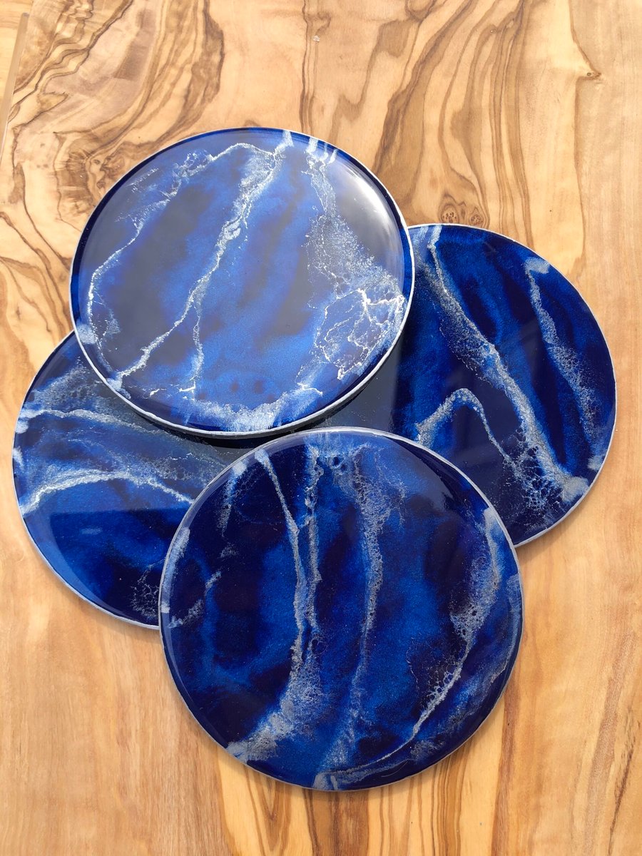 Blue and silver, lightweight, round coasters, heat, scratch resistant resin