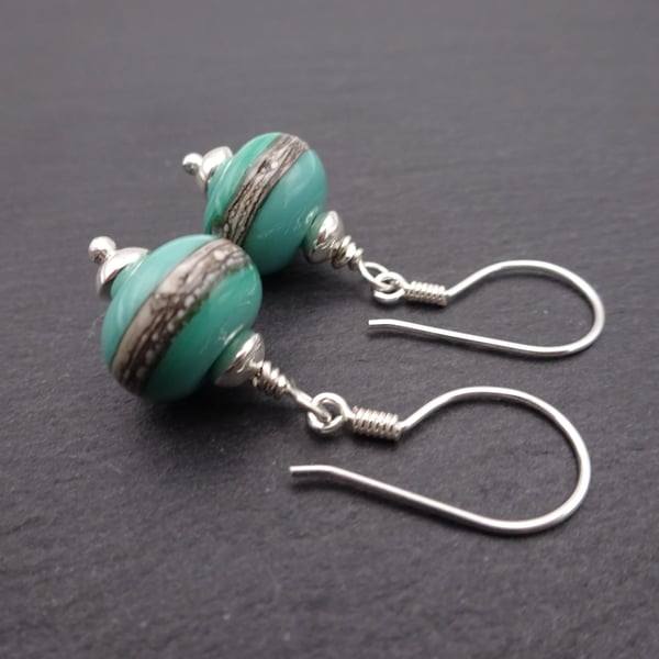 sterling silver earrings, green lampwork glass jewellery