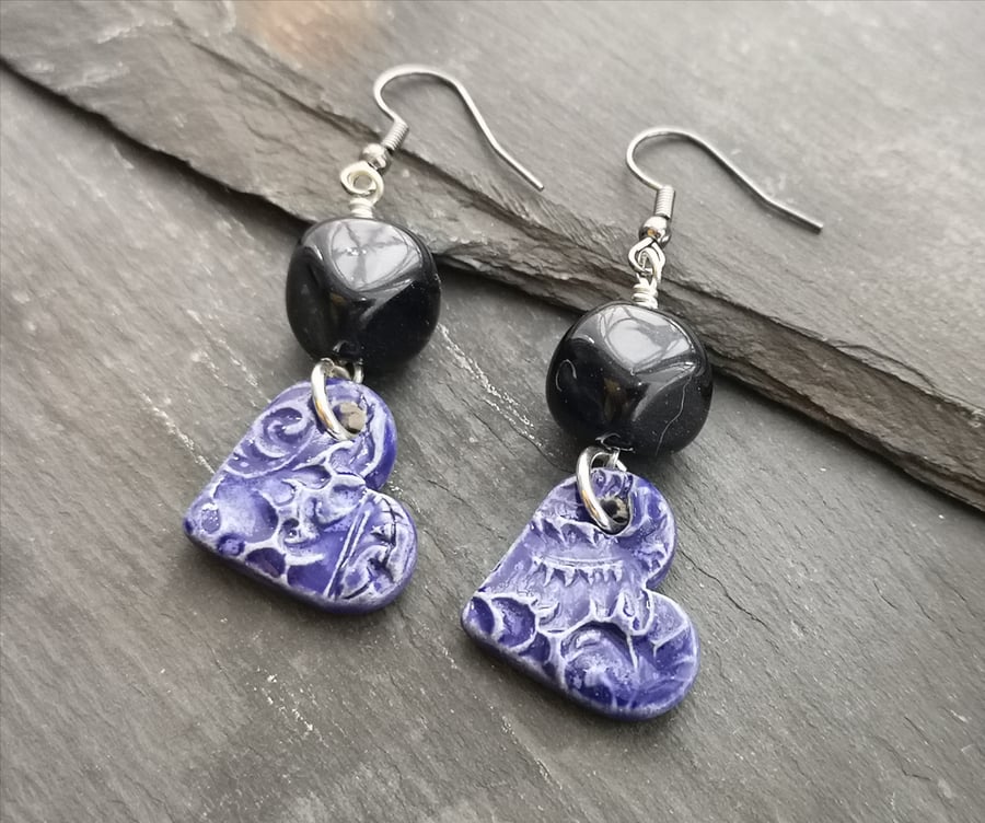 SALE Ceramic blue heart and navy glass bead earrings with gunmetal ear wires 