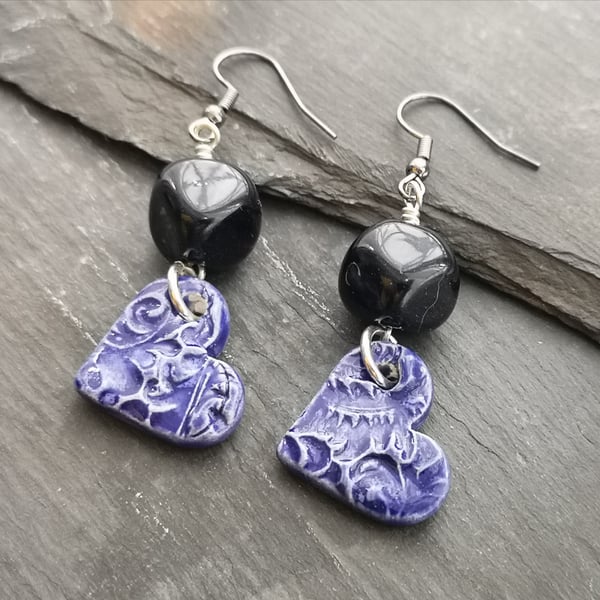 SALE Ceramic blue heart and navy glass bead earrings with gunmetal ear wires 