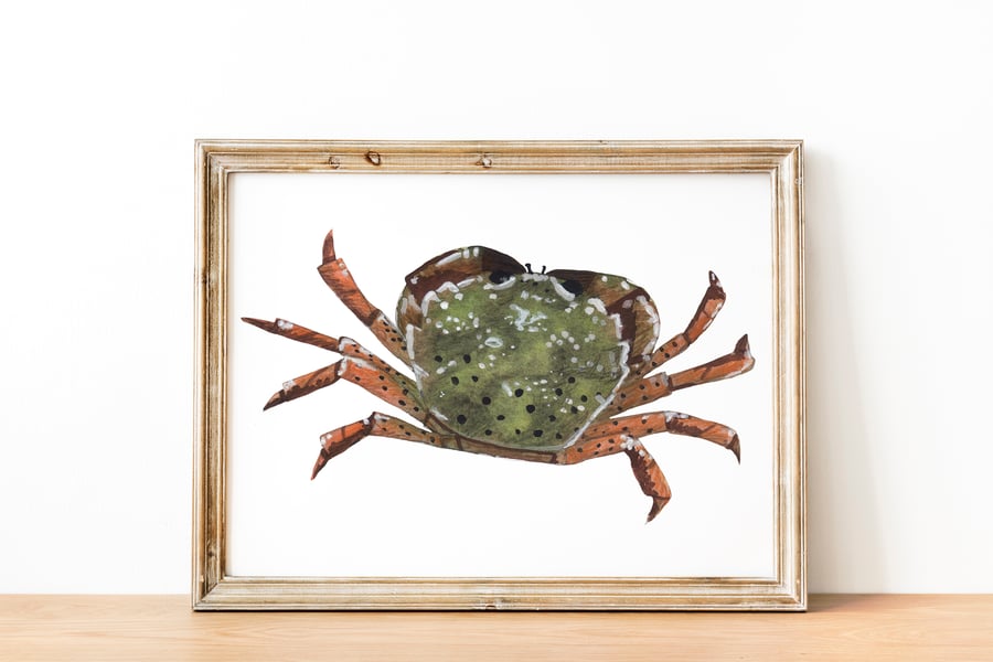 Green watercolour shore crab A6 mini print