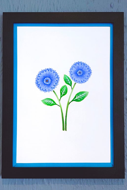 Unique Made in UK Framed A3 Print Dahlia Dark Blue Border Wallart Gift Handmade