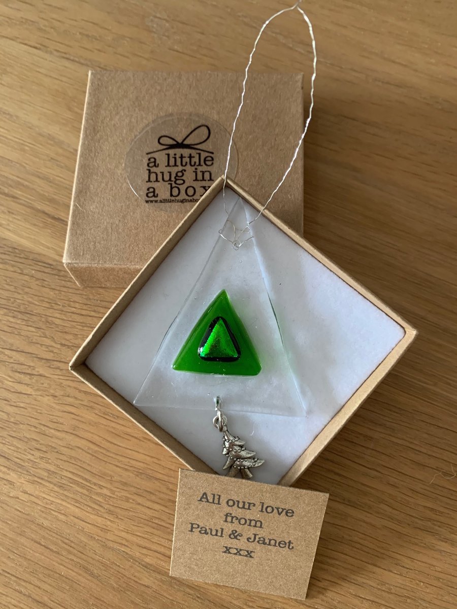 A little hug in a box fused glass Dichroic Christmas tree gift