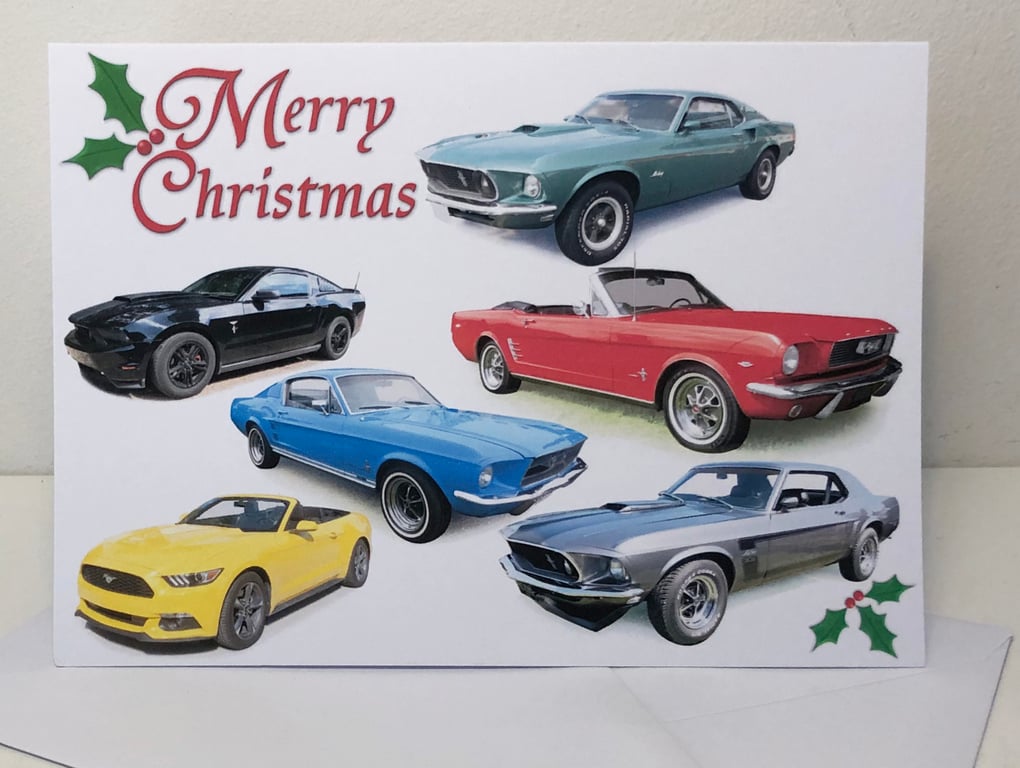 Ford Mustang Classic Cars Xmas Cards 5x7 - Merry Christmas or Seasons Greetings