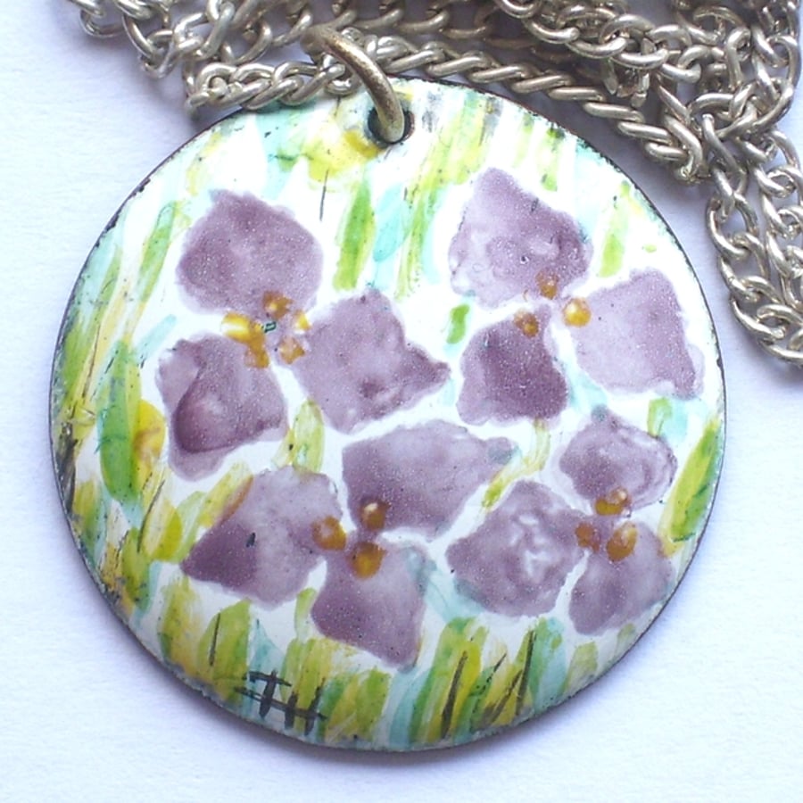 purple hydrangea flowers - painted enamel pendant