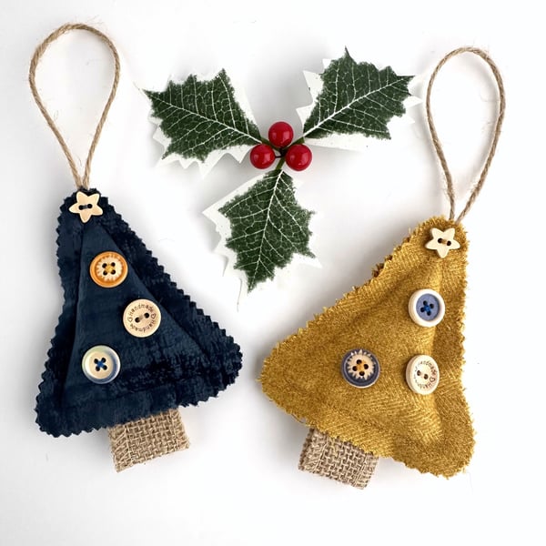 Mini Christmas Tree Hanging Christmas Decoration Duo, Golden Yellow & Navy Blue