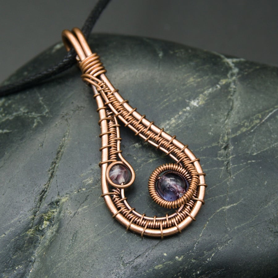 Copper Wire Weave Drop Pendant with Purple Beads