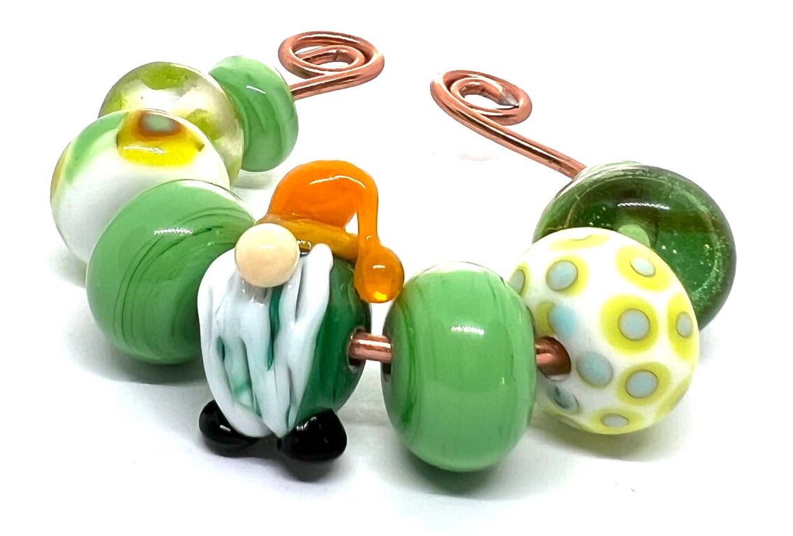 Handcrafted Lamp-work Beads – Green Gnome  Gonk Focal & Olive Dot Set of 9