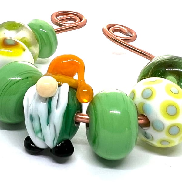 Handcrafted Lamp-work Beads – Green Gnome  Gonk Focal & Olive Dot Set of 9