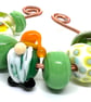 Handcrafted Lamp-work Beads – Green Gnome  Gonk Focal & Olive Dot Set of 9