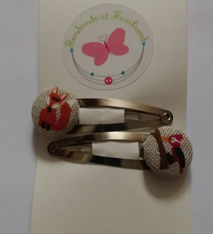 Fox and Woodpecker Design Fabric Covered Button Hair Clip