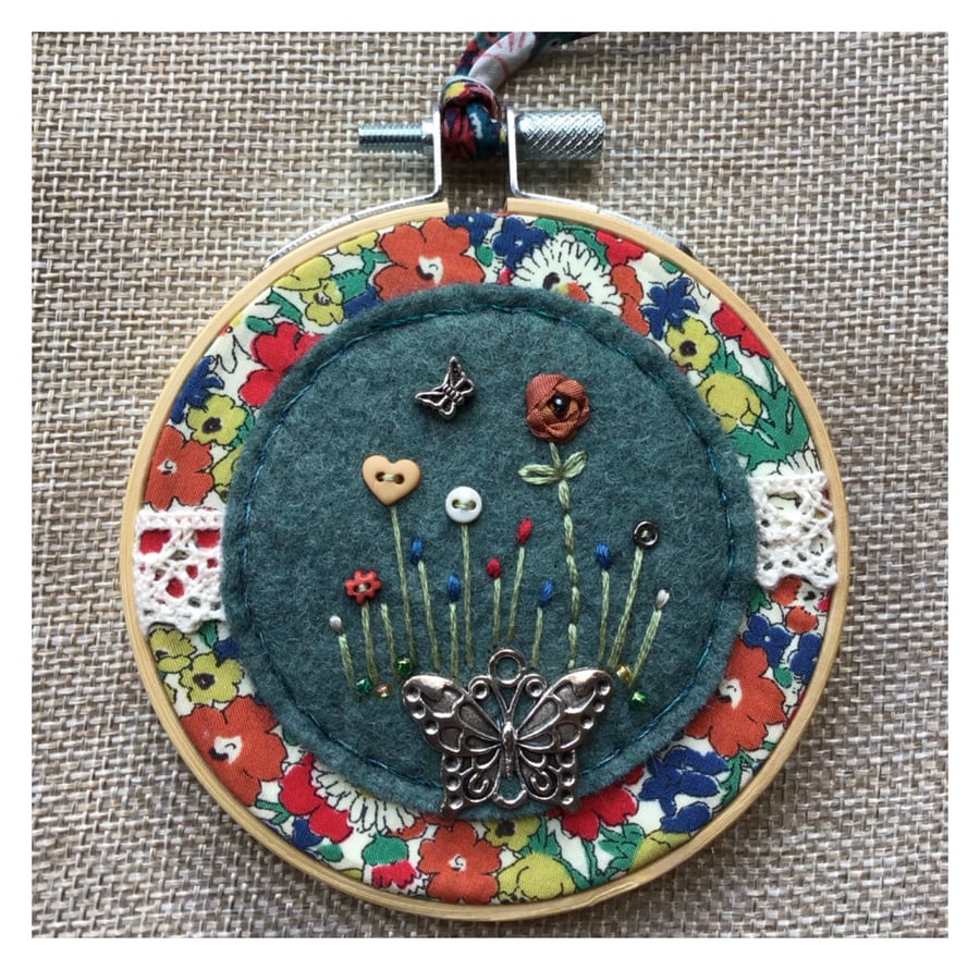 Butterfly charm felt Liberty fabric embroidery hoop 