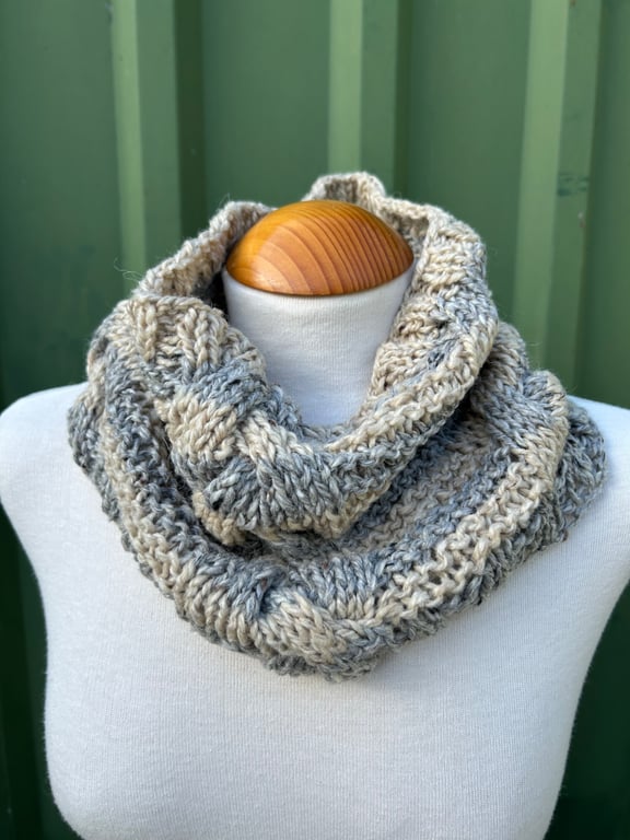 Hand Knitted Grey and Beige Snood Cowl Scarf