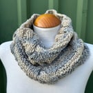 Hand Knitted Grey and Beige Snood Cowl Scarf