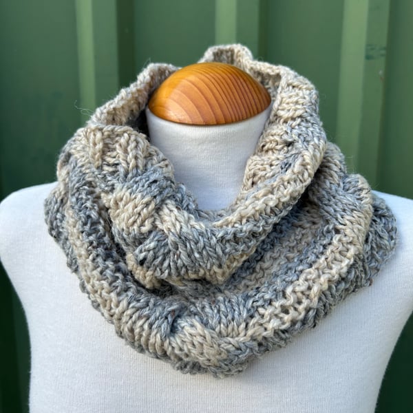 Hand Knitted Grey and Beige Snood Cowl Scarf