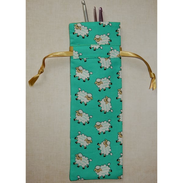 Crochet hook case sheep on green