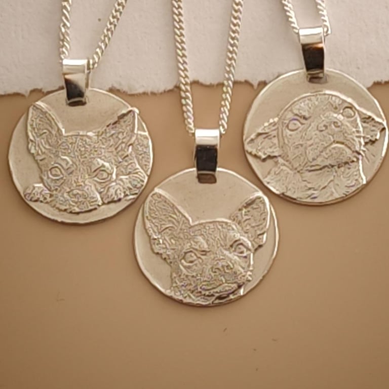 Chihuahua Necklace, Recycled Sterling Silver Pendant, Hand Engraved Pet Portrait