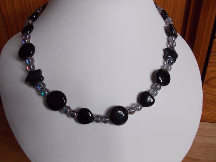 Obsidian, agate and quartz multi shape necklace
