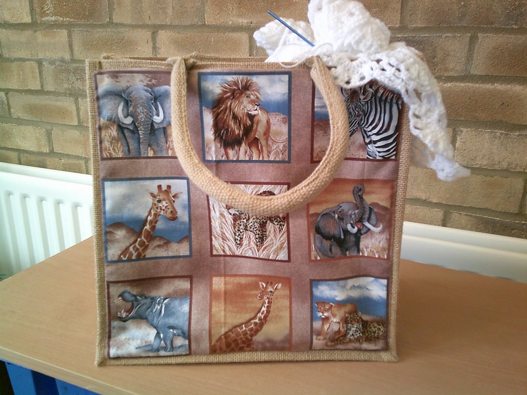Medium Jute Bag with Safari Animals Pocket