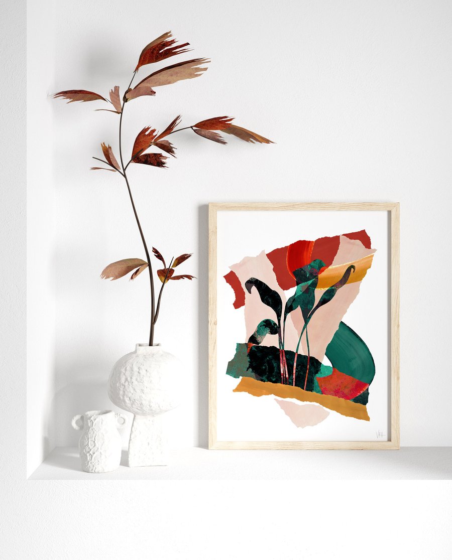 Red Green Gold Abstract Leaf Print