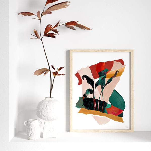 Red Green Gold Abstract Leaf Print