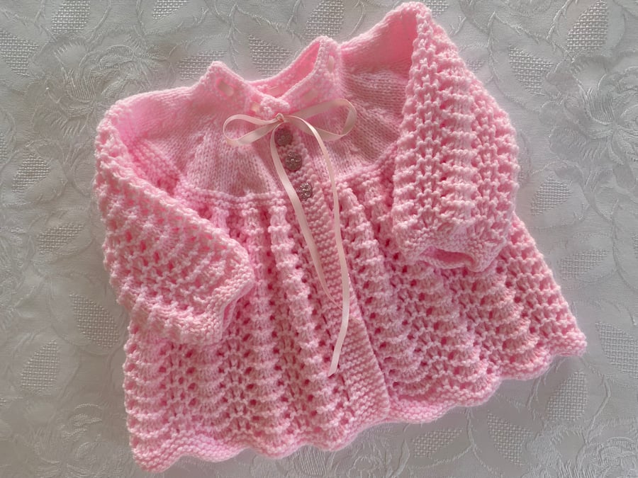 Hand Knitted  Pink Sparkle Matinee Coat Cardigan. Fits 0 - 3  Months 