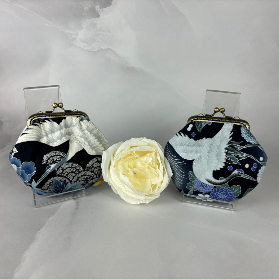 Japanese cranes coin purse, Birds frame purse, 2 pattern options, Optional chain