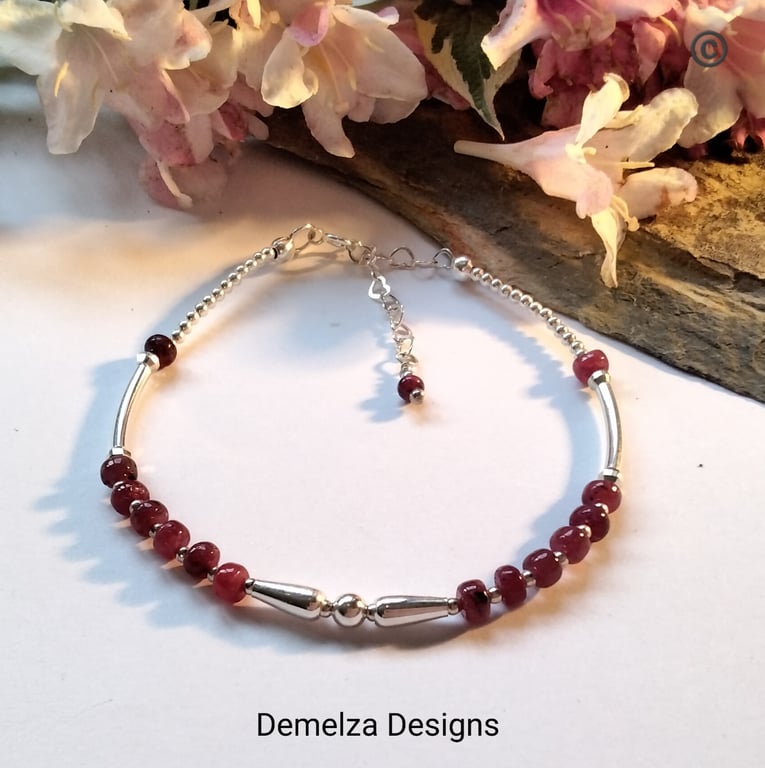 Designer Dainty Noodle Style Handmade African Ruby Sterling Silver Bracelet